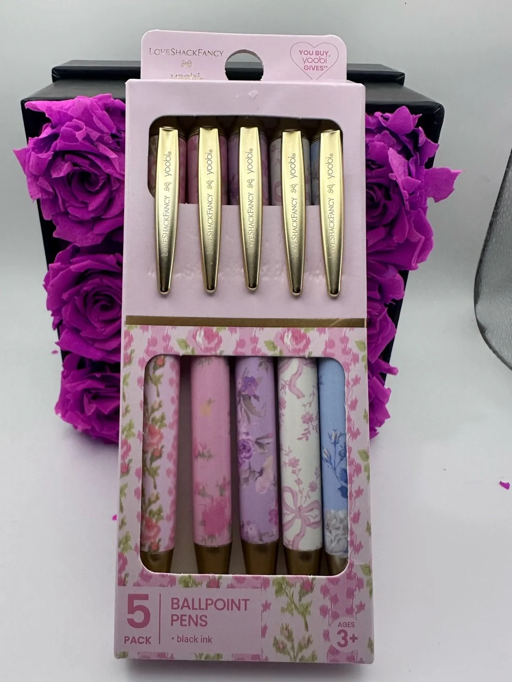 Love Shack Fancy , Yoobi Floral Ballpoint Pen Set - Pink, Lavender, Blue